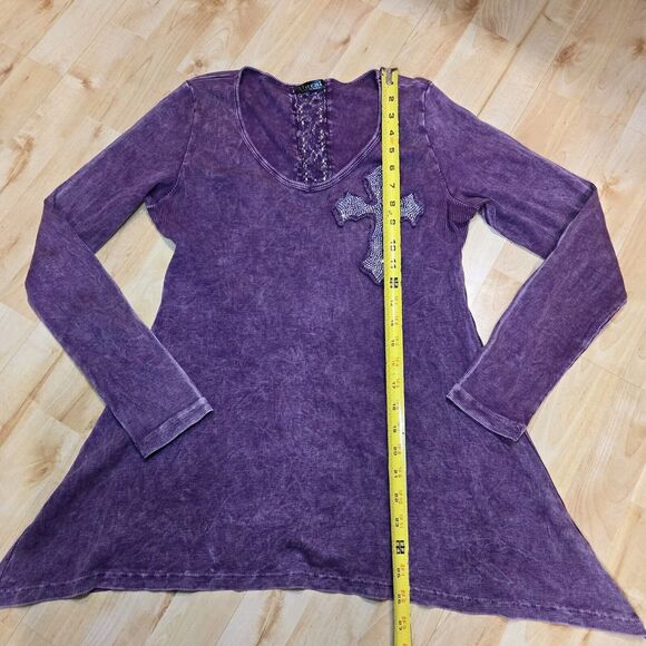 Vocal Purple Acid Wash Iridescent Rhinestone Ed Hardy Style Cross Top Medium Y2K - Picture 6 of 9